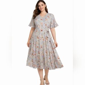 L’eccove Floral Wrap Midi Dress Lilac Flutter Sleeve Tie Waist Siz M/L Guest EUC